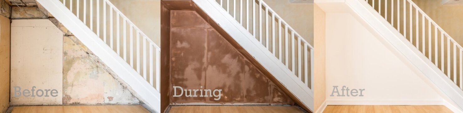 Before, during and after of wall under staircase. Text.