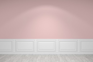 Empty pink wall with classic style border with white wood floor and spot light on wall. Space for your design. 3D illustration. - 170290102