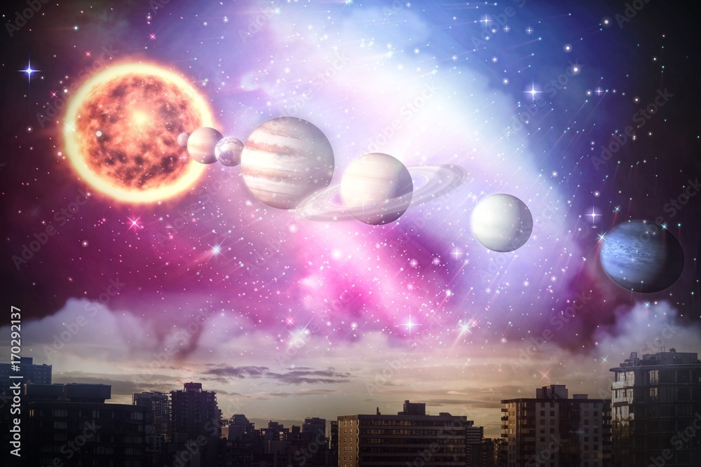 Wall mural composite image of composite image of planets and sun
