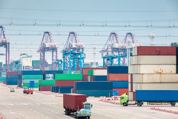 busy container stack yard closeup