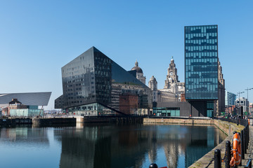 View of Albert Dock and Three Graces building in Liverpool