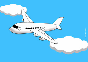 Childlike illustration of a commercial airline airplane plowing the sky between clouds