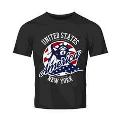 Liberty Statue vector logo concept isolated on black t-shirt. USA street wear superior sport vintage badge design. 
Premium quality United States of America emblem t-shirt tee print illustration.