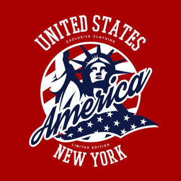 Liberty Statue vector logo concept isolated on red background. USA street wear superior sport vintage badge design. 
Premium quality United States of America emblem t-shirt tee print illustration.