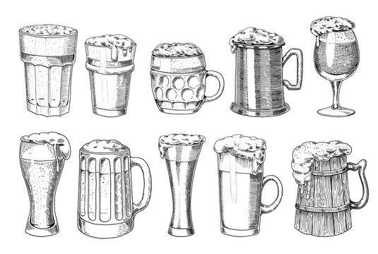Beer glass, mug or bottle of oktoberfest. engraved in ink hand drawn in old sketch and vintage style for web, invitation to party or pub menu. design element isolated on white background.