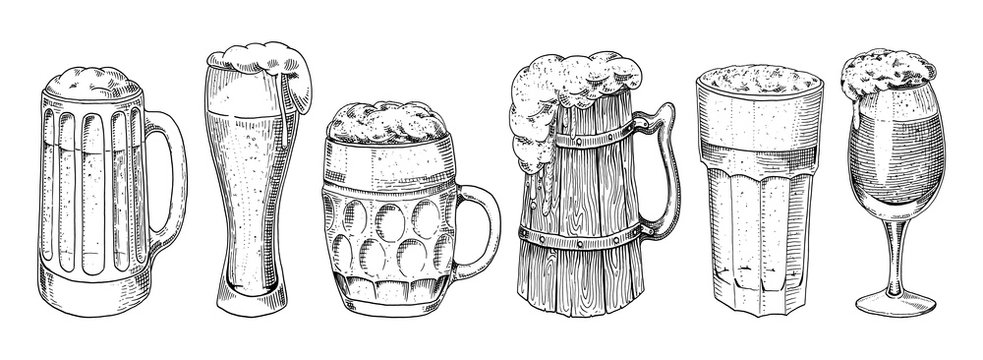 Beer glass, mug or bottle of oktoberfest. engraved in ink hand drawn in old sketch and vintage style for web, invitation to party or pub menu. design element isolated on white background.