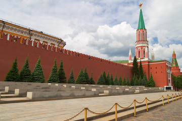 Kremlin is architectural and historical complex of city, the official residence of the President of the Russian Federation. Wall of Kremlin on Red Square in Moscow.