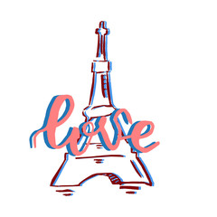 Love word lettering in Paris. Eiffel Tower, France. Modern calligraphy.