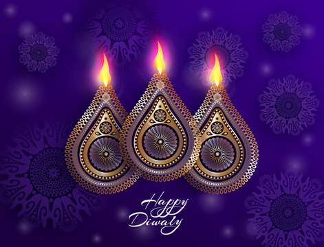 Indian celebration Diwali. Hindu festival of lights celebrated. Beautiful postcard design with national symbols - golden lamp, burning fire and mandalas. Vector illustration
