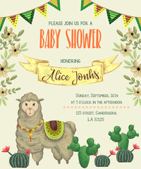 Baby shower invitation with llama animal, cacti and floral elements.. Cute cartoon character. Hand drawn vector illustration in watercolor style