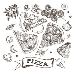 Set of pieces of delicious pizza and pizza ingredients. Food elements collection. Vector ink hand drawn illustration. Template for menu, signboard, cards, banners, posters design. - 170296719
