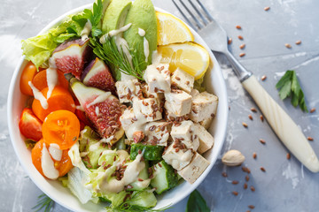 vegan lunch, tofu fruit vegetables salad