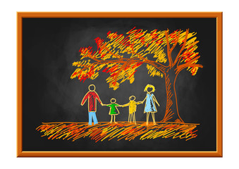 Family drawing on blackboard, autumn tree