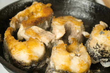 Fried fish steaks in pan. Fry big pike fish in a frying pan.