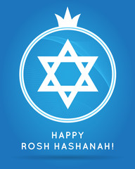 Rosh Hashanah (Jewish New Year). Icon/badge with pomegranate and signature 'Shana Tova' (Happy New Year). With Israel Flag Elements. Template for postcard or invitation card.