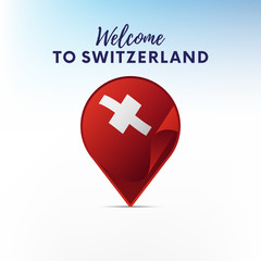 Obraz premium Flag of Switzerland in shape of map pointer or marker. Welcome to Switzerland. Vector illustration.
