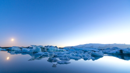 Icebergs in Jokulsarlon glacial lake at sunset, Iceland