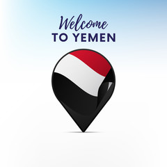 Flag of Yemen in shape of map pointer or marker. Welcome to Yemen. Vector illustration.