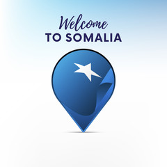 Flag of Somalia in shape of map pointer or marker. Welcome to Somalia. Vector illustration.