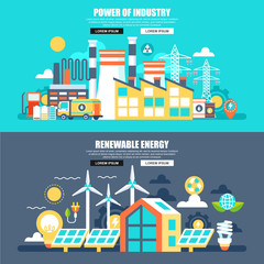 Business flat concept web banner of power of industry and renewable energy. Conceptual vector illustration for web design, marketing, graphic design.