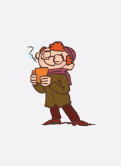 red hair child looking with interest at an autumn leaf. Character of boy, funny style, isolated.