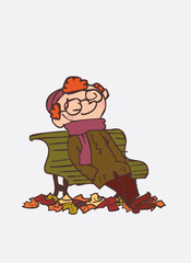 red hair child resting, relaxing, in the park. Character of boy, funny style, isolated.