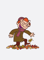Obraz premium red hair child having fun treading autumn leaves. Character of boy, funny style, isolated.