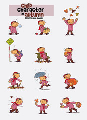 Set of twelve various poses of asian child character, celebrating the arrival of autumn.