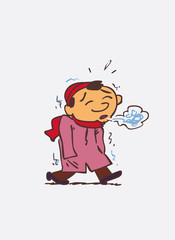 Well-kept asian child. It is very cold. Character of asian boy, funny style, isolated.