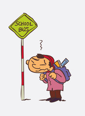 Somewhat depressed asian boy waiting for the school bus. Character of asian boy, funny style, isolated.