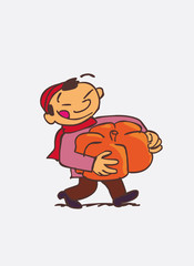 asian child with big pumpkin between arms. Character of boy, funny style, isolated.