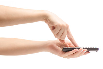 Female hands remote control