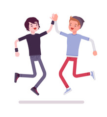 Young men jumping giving high five