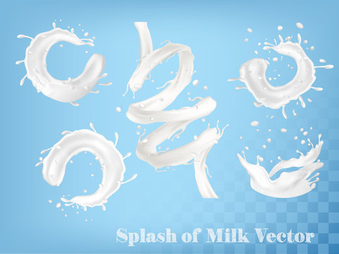 Splash of milk and on transparent background. Vector set