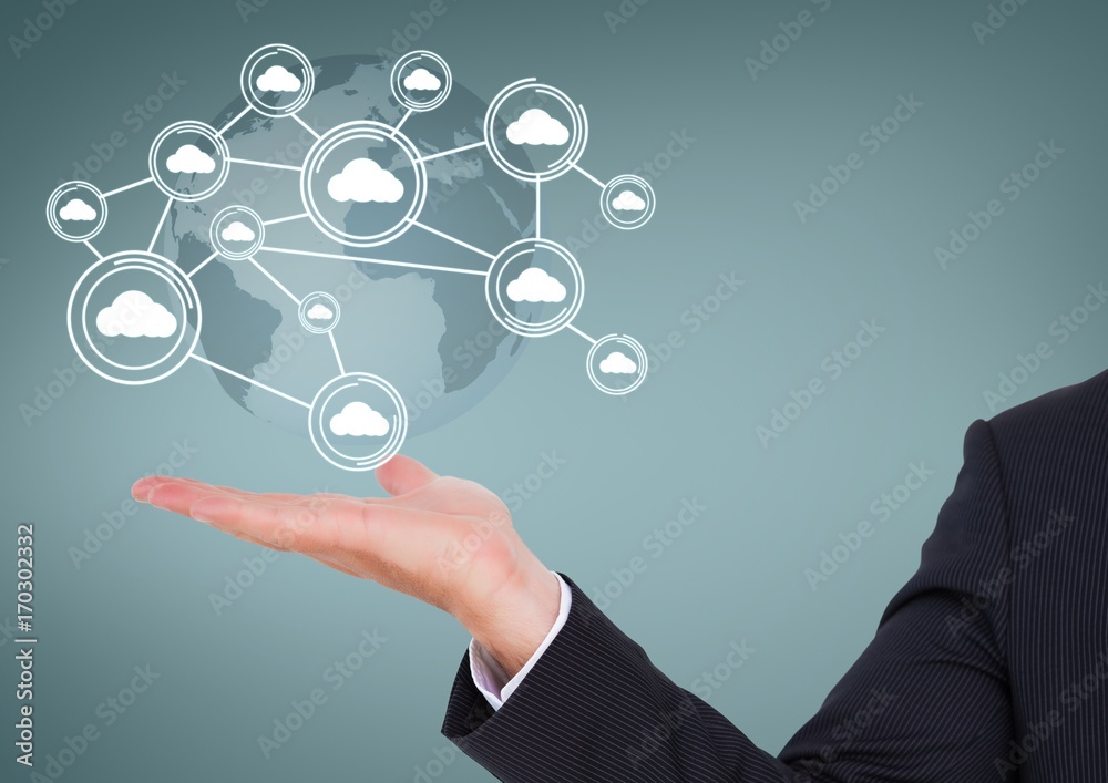 Poster Business man holding a globe with connectors