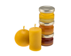 Beeswax candles and honey jars