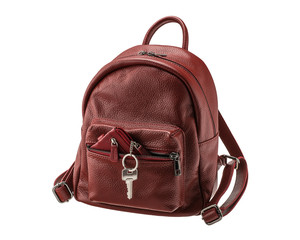 Red women's backpack with key and wallet