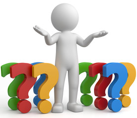 3d Männchen mit bunte Fragezeichen