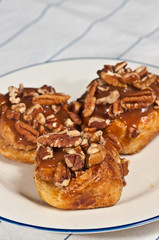 Pecan, cinnamon, croissant, sticky roles  on a round, white plate with a blue rim on a white table cloth with blue stripes