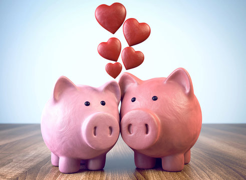 zwei verlibte Sparschweine aus Knetmasse