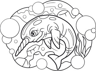 cartoon cute narwhal floating at depth