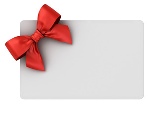 Blank gift card with red ribbon bow isolated on white background . 3D rendering.