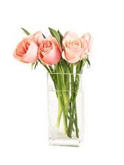 Fototapeta premium Ramo de rosas en un florero sobre un fondo blanco aislado. Vista de frente