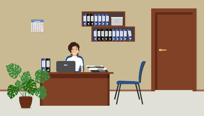 Fototapeta na wymiar Office room in a beige color. Young woman is sitting at a desk at her workplace. There is a brown furniture, blue chairs, shelves with folders and a big flower in the picture. Vector illustration