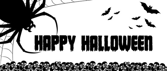 Happy Halloween background. Nightmare spider monster in web on backdrop on funny skulls and scary bats. Design concept banner, poster, cards or invites on party. Cartoon style. Vector illustration.