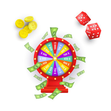 vector flat cartoon lucky wheel of fortune with dollar rain around, gambling dice cubes, casino chips set . Isolated illustration on a white background. Sign of profit, easy money.