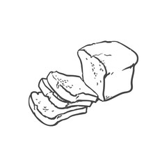 vector sketch fresh dark brown sliced rye bread . Detailed hand drawn isolated illustration on a white background. Flour pastry products, bakery banner, poster design object