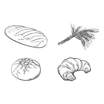 vector sketch fresh white loaf bread, Croissant set . Detailed hand drawn isolated illustration on a white background. Flour pastry products, bakery banner, poster design object