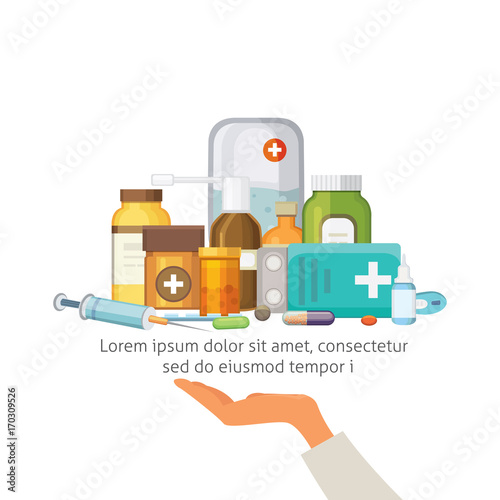 "Pharmacy Concept with Pills Capsules. doctor hand holds tray with