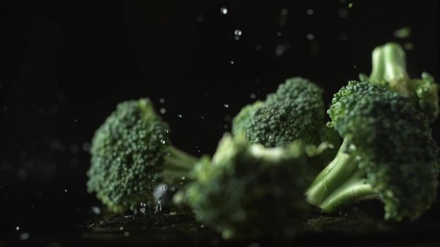 Water droplets on broccoli. Shot with high speed camera, phantom flex 4K. Slow Motion.